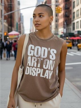 •God’s Art On Display• Graphic Unisex Tank | Acid Wash Brown Sleeveless Tee